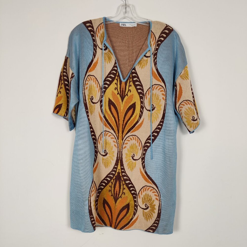 Zara Women's Mini Knit Dress Size Small Oversized Abstract Bohemian Art-to-Wear